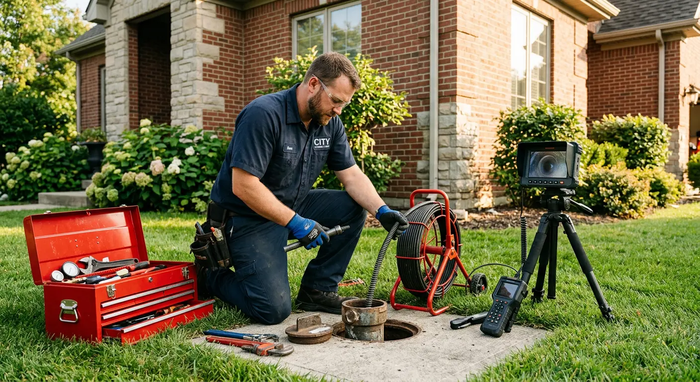 Sewer specialist with camera equipment servicing a cleanout in Sterling