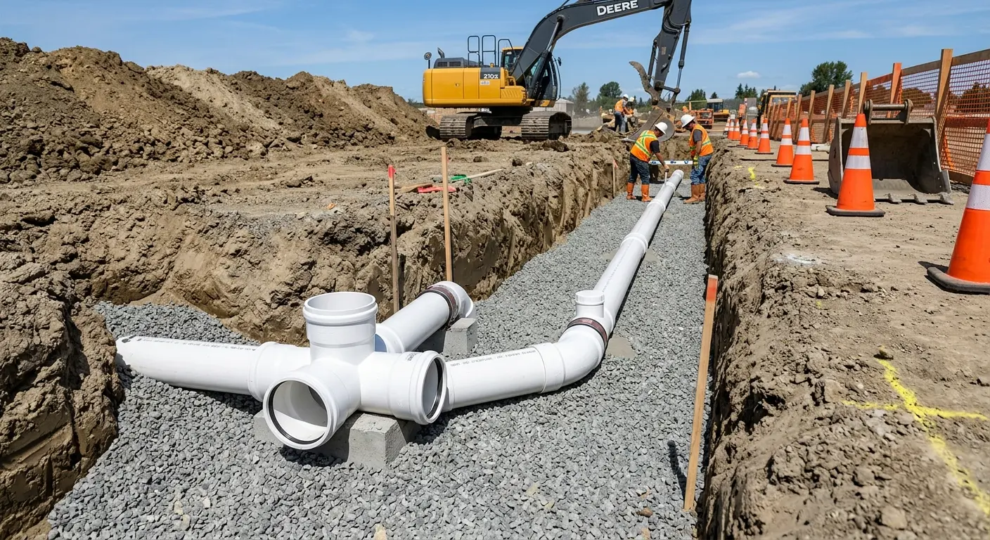 New PVC sewer pipe installation in open trench for Sewer Camera Inspection in Sterling