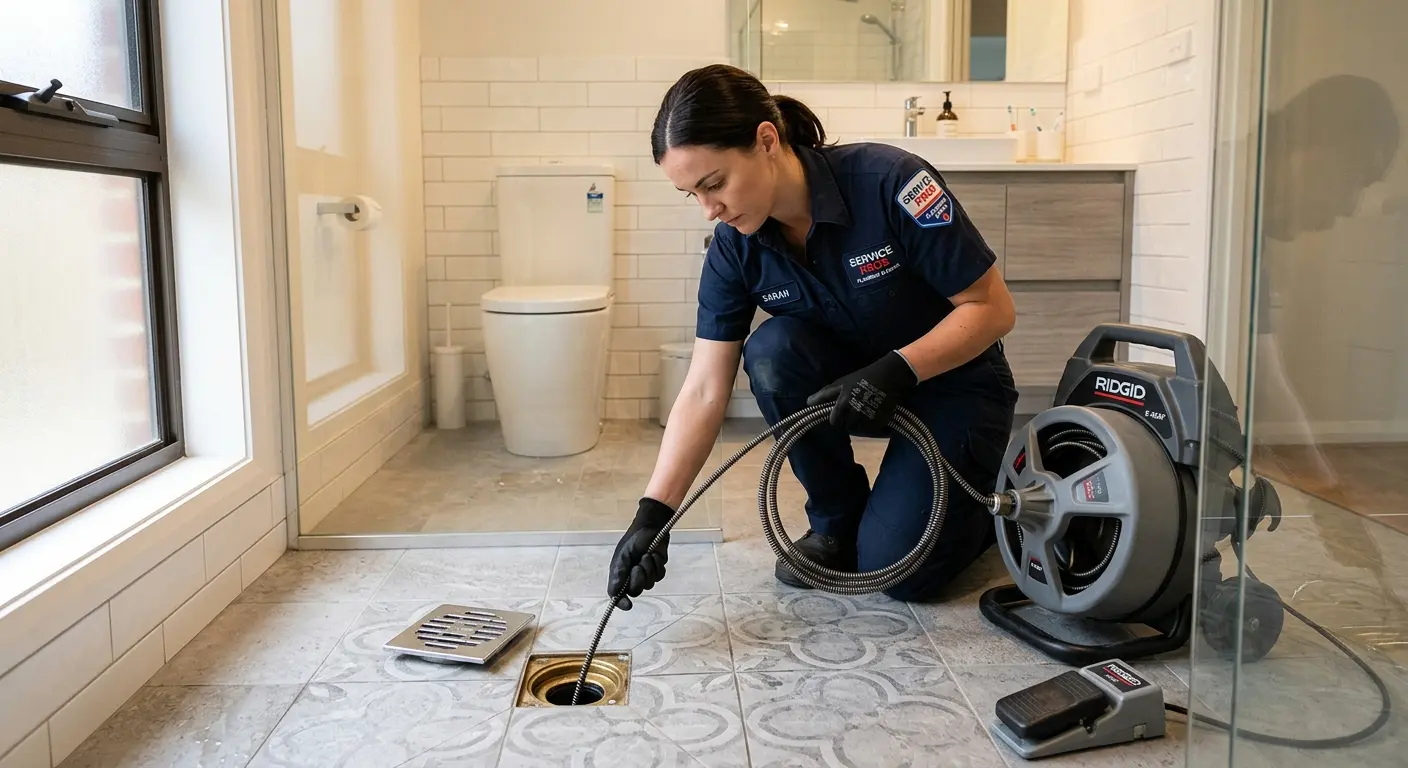 Technician clearing a bathroom floor drain for Sewer Line Installation in Sterling